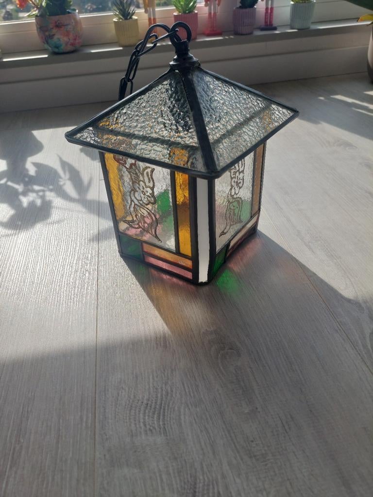 Antieke glas in lood lamp, Antiek en Kunst, Antiek | Lampen, Ophalen of Verzenden