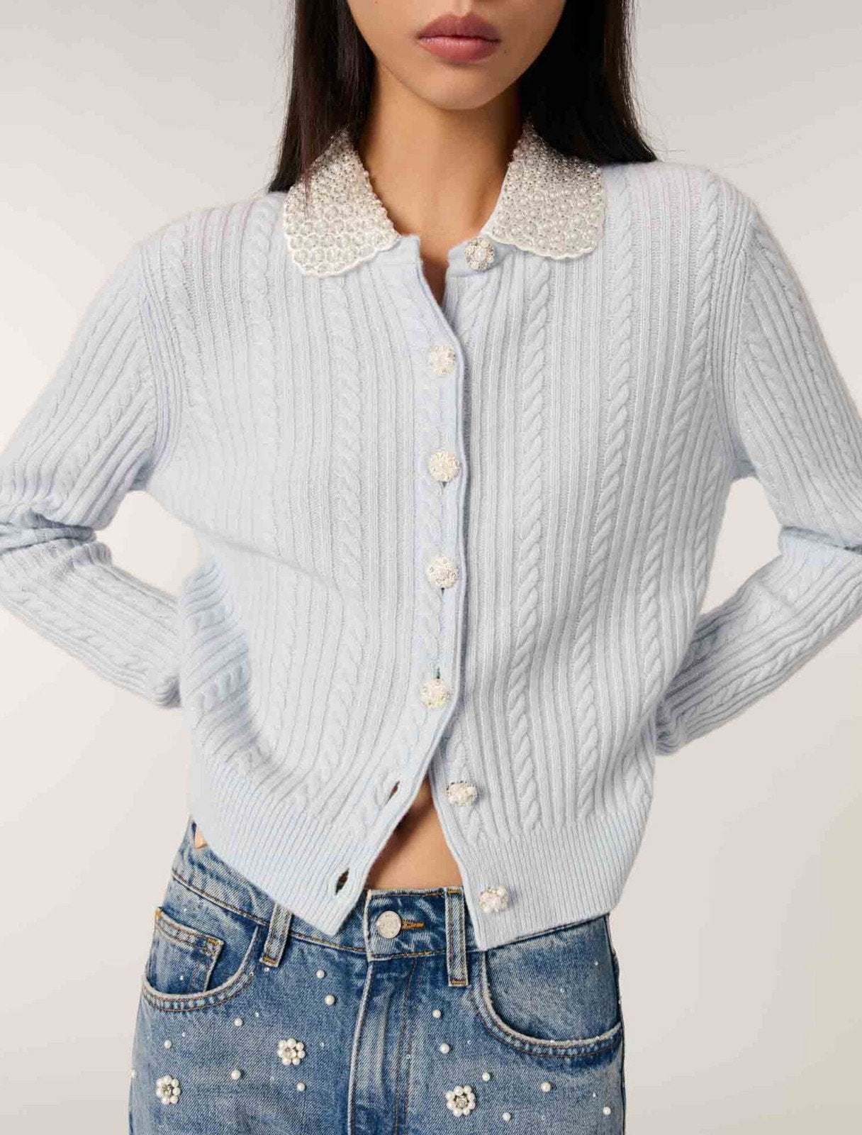 Maje Gebreid vest met parelkraag - Zo goed als nieuw, Blauw, Ophalen of Verzenden, Maat 36 (S), Maje