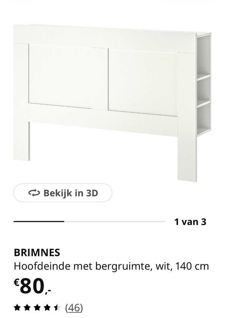 Brimnes IKEA hoofdeinde met opbergruimte 140cm, Huis en Inrichting, Ophalen, Wit, Tweepersoons, 140 cm
