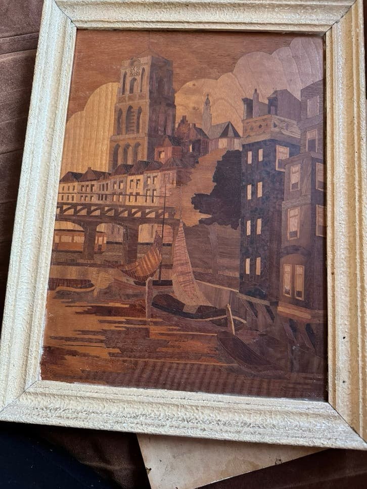Houtinlegwerk Marqueterie Oud-Rotterdam -Kolk met Luchtspoor, Antiek en Kunst, Ophalen of Verzenden