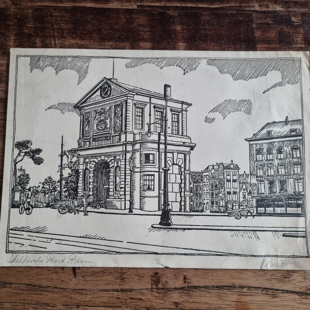 Delftsche Poort Rotterdam - Originele tekening, Antiek en Kunst, Origineel, Stadsgezicht, 23 cm, Ophalen of Verzenden