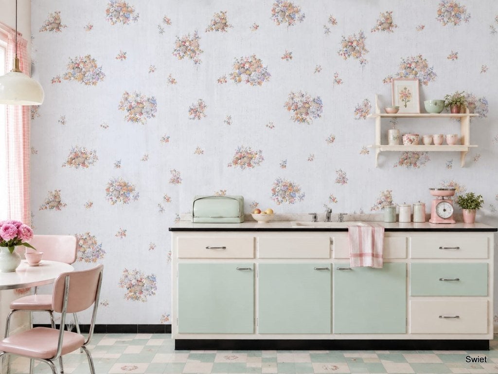 14179 Vintage behang voor keukens met fruit en bloemen swiet, Ophalen of Verzenden, Geel