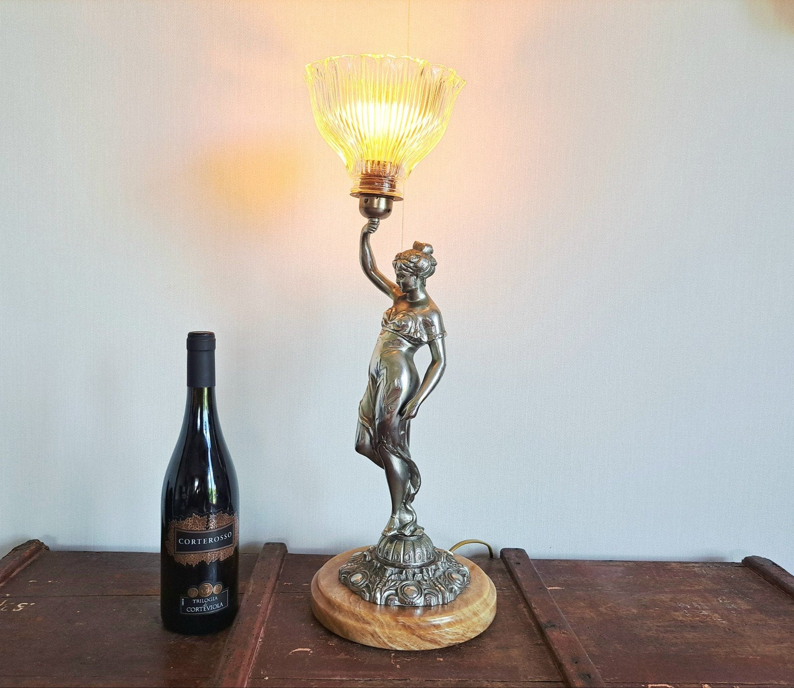 Imposante Verzilverde Vintage Lamp met Marmeren Voet, Ophalen of Verzenden