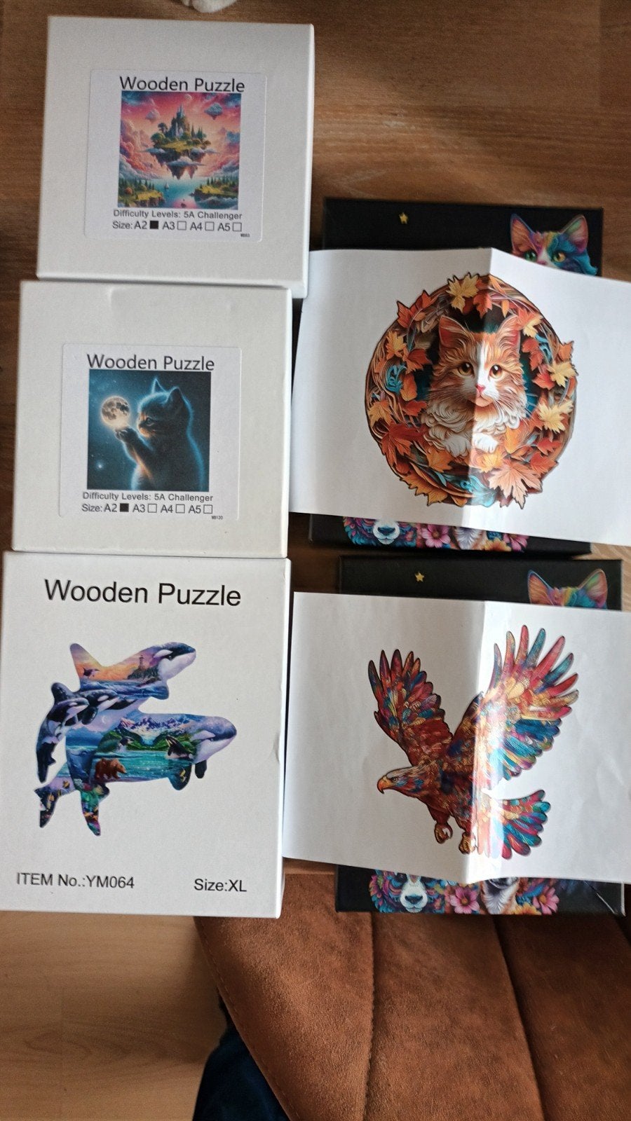 5 houten puzzels XL/A2, Ophalen of Verzenden, Minder dan 500 stukjes, Zo goed als nieuw, Legpuzzel