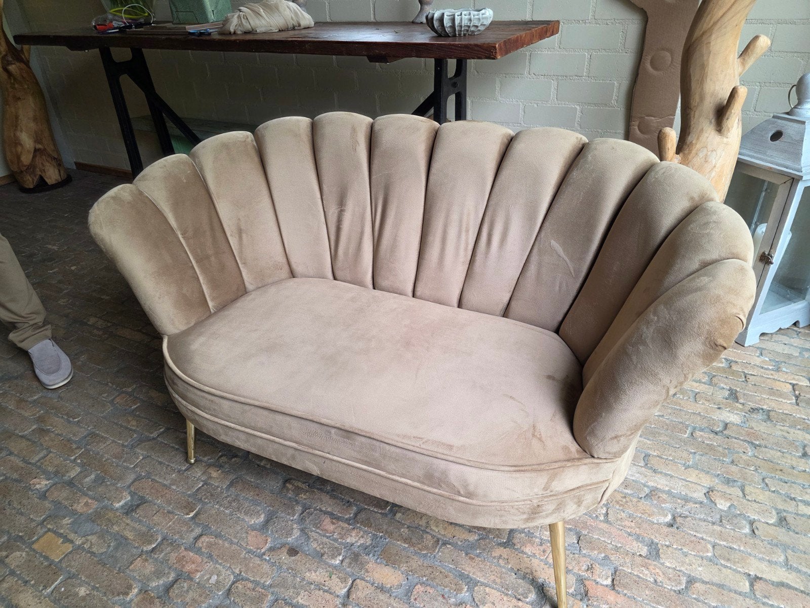 Schelpvormige Fluweel Gouden Trouwbankje, Huis en Inrichting, Ophalen, Minder dan 75 cm, Tweepersoons, Zo goed als nieuw