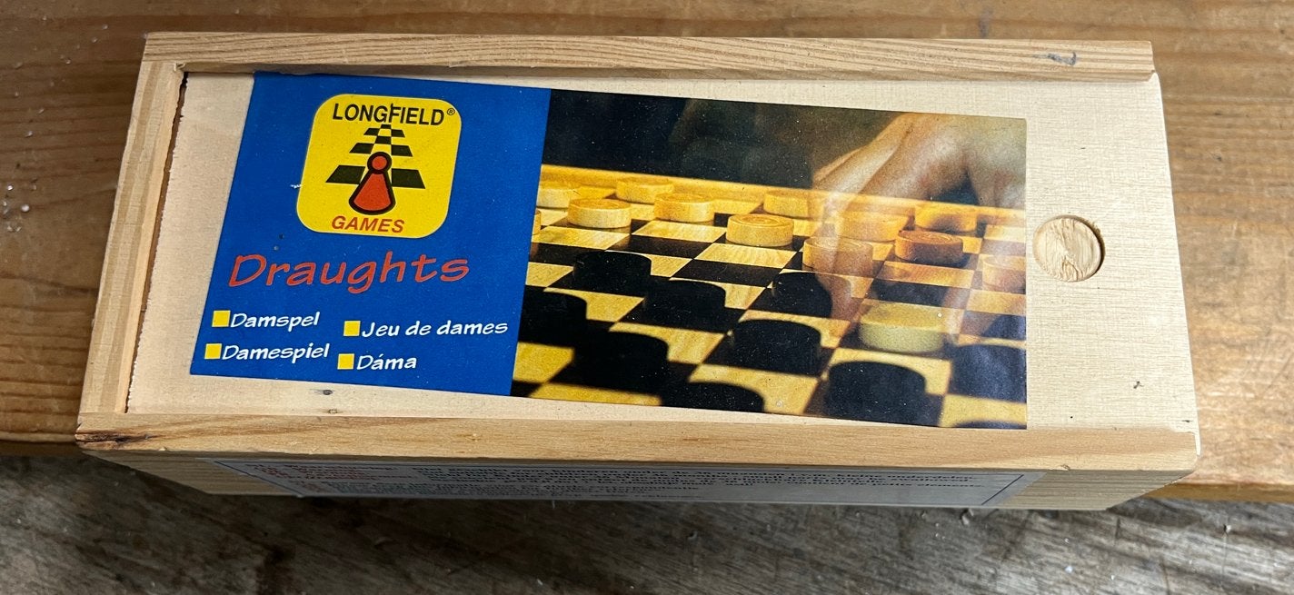 Longfield Draughts Damspel - Reisspel in houten doos, Hobby en Vrije tijd, Gezelschapsspellen | Bordspellen, Een of twee spelers