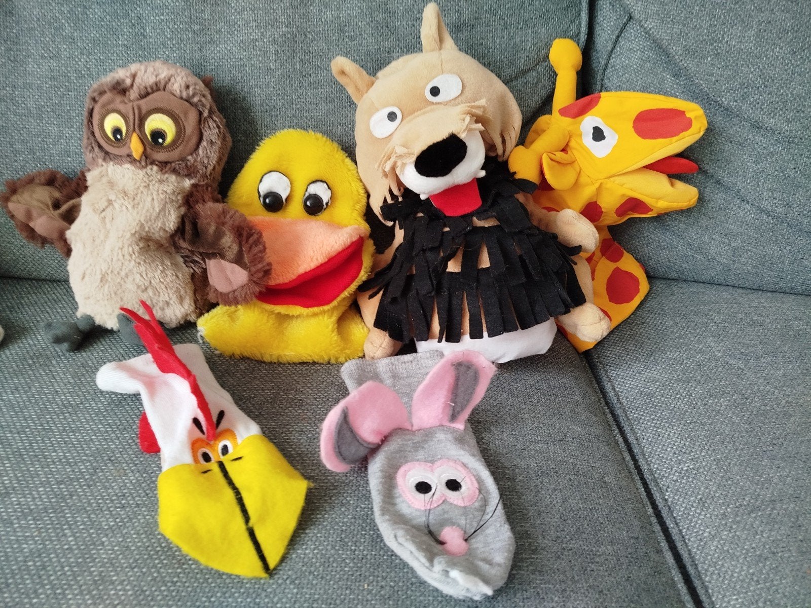 Dieren handpoppen - Uil, eend, hond of wolf, giraffe, kip, m, Ophalen of Verzenden