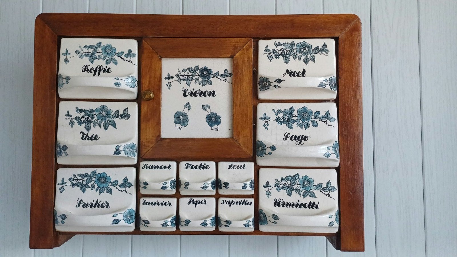Vintage houten kruidenkastje met keramische laden, Antiek en Kunst, Ophalen