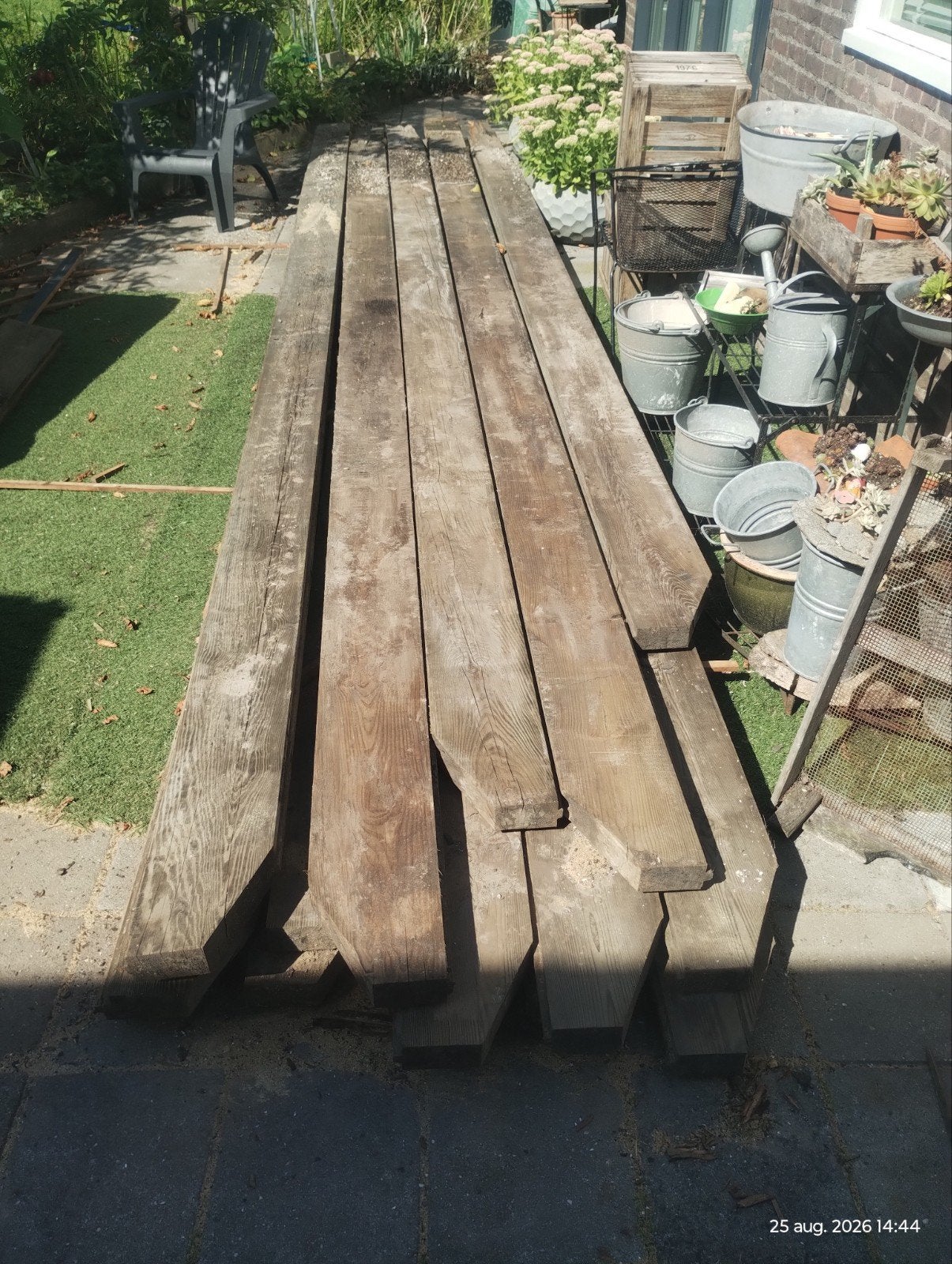 Houten balk 6x18 cm, 5,5 m lang (deel aangetast), Doe-het-zelf en Verbouw, Hout en Planken, Ophalen, Gebruikt, Balk, Overige houtsoorten