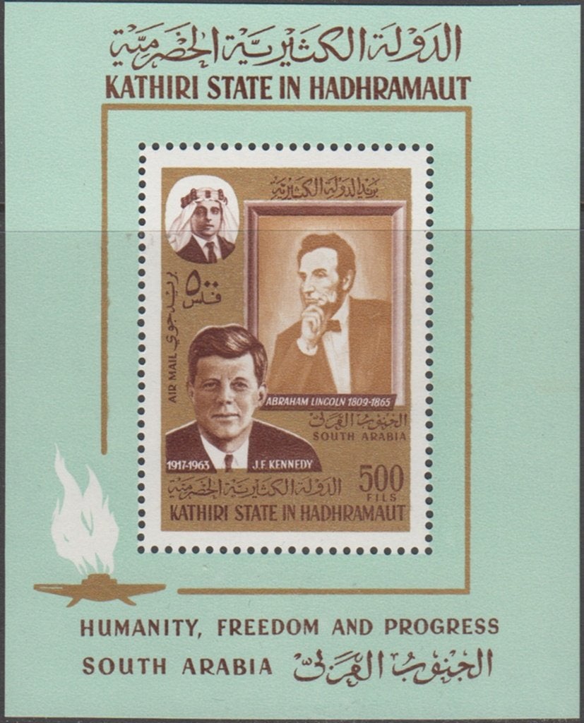 J.F. Kennedy en Abraham Lincoln Aden (Kathiri State) blok 14, Postzegels en Munten, Ophalen of Verzenden, Postfris, Overige thema's