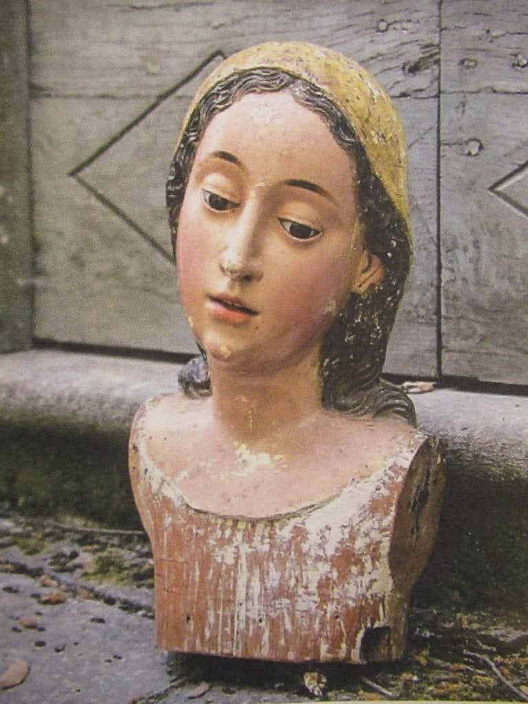 antiek HOUTEN MADONNA HOOFD met GLAZEN OGEN, Ophalen