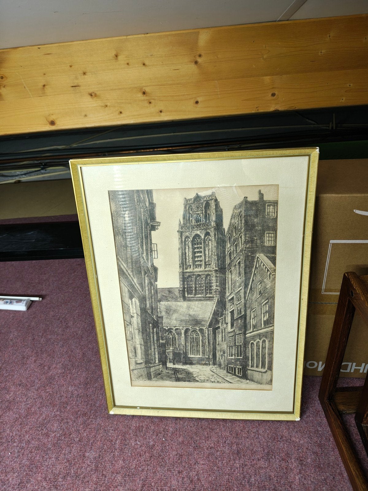 Ingelijst schilderij van de Grote of Laurenskerk in Rotterda, Ophalen, Ets, Stadsgezicht, 60 cm