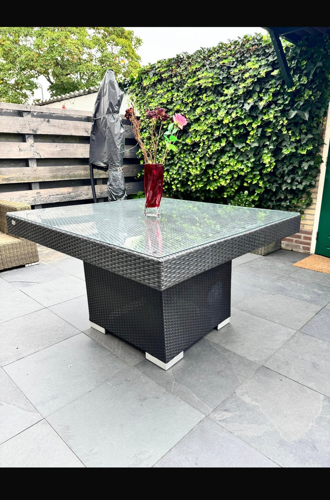 Tuintafel - 130 x 130 cm - Zwart vlechtwerk, Ophalen, Zo goed als nieuw, Rechthoekig