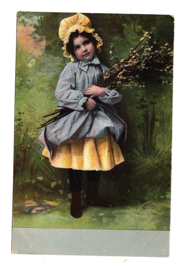 Oude Ansichtkaart Meisje met Wilgenkatjes Ongelopen, Ophalen of Verzenden, Voor 1920, Ongelopen, Kinderen