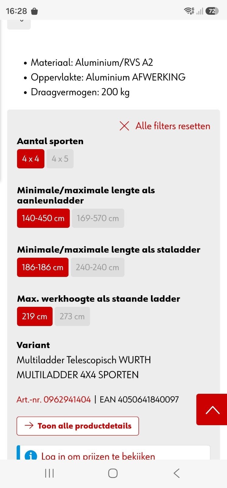 WURTH Multiladder Telescopisch 4x4 Sporten - Gebruikt, Doe-het-zelf en Verbouw, Ladders en Trappen, Ophalen, Gebruikt, 4 meter of meer