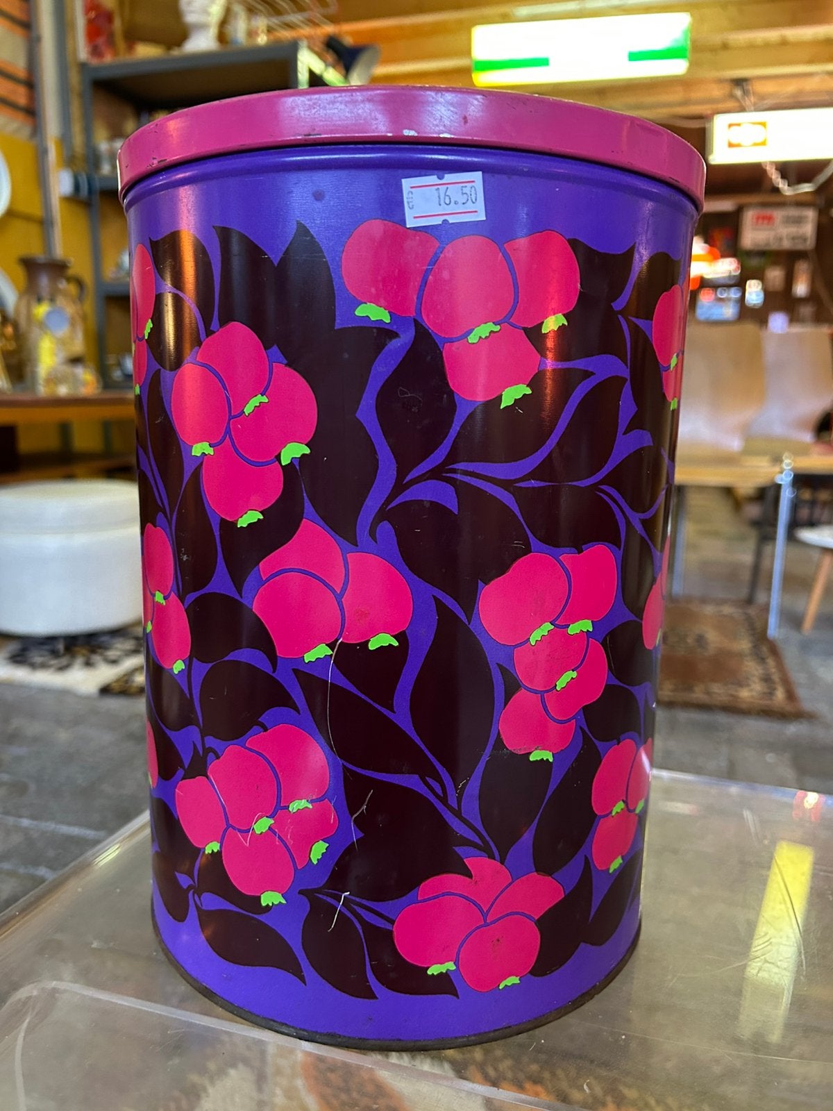 Vrolijke vintage jaren 70 paars roze bloemen blik, Ophalen of Verzenden, Gebruikt, Overige