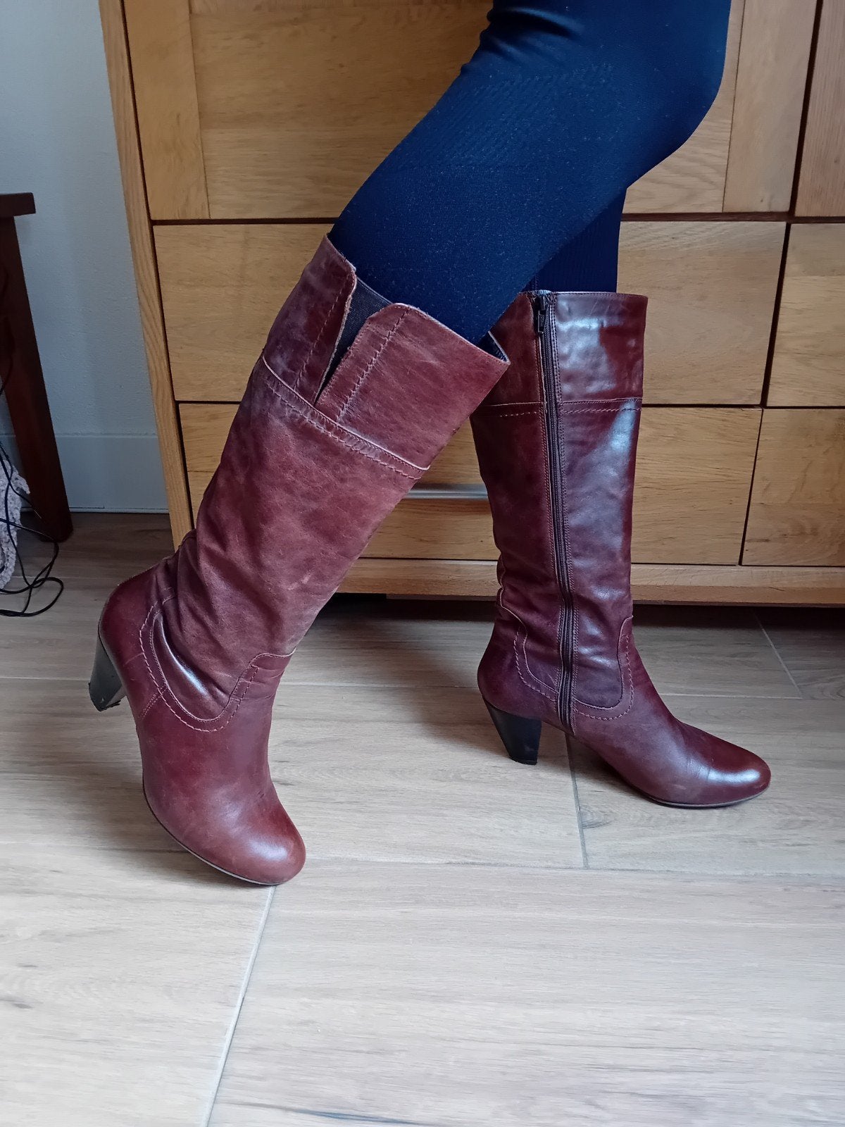 Bruin/rode leren hoge laarzen met hak - Maat 41, Kleding | Dames, Ophalen, Gedragen, Bruin, Hoge laarzen