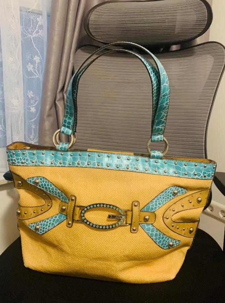 Vintage Guess Y2K Tote - Turquoise Croc & Straw - MINT, Ophalen, Zo goed als nieuw, Overige kleuren, Handtas