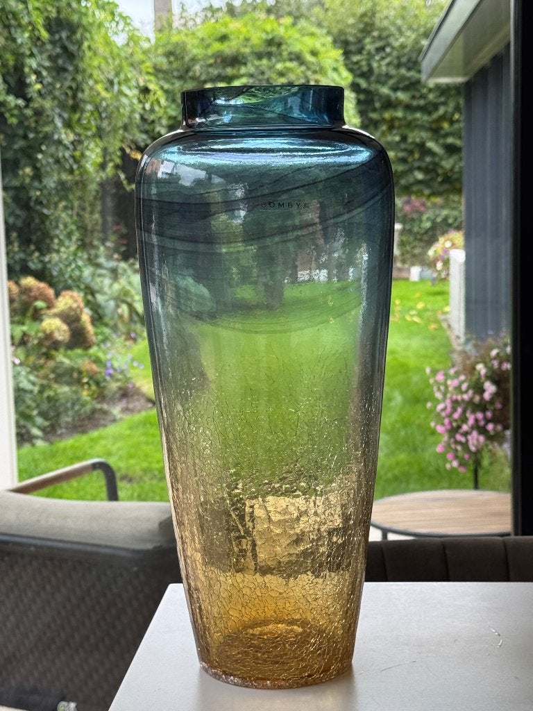 Bombyxx glazen vaas petrol/oker, Huis en Inrichting, Ophalen, Nieuw, Meerkleurig, Glas