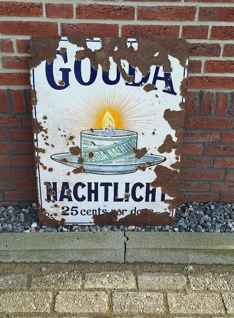 Antiek emaille bord Gouda Nachtlicht, 25 cents per doosje., Antiek en Kunst, Antiek | Emaille, Ophalen of Verzenden