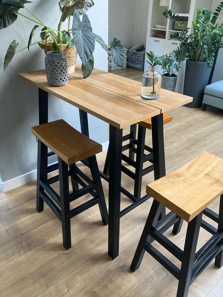 ==STOER== Hoge eettafel bar 3 krukken  zwaar, Gebruikt, 100 tot 150 cm, Eikenhout, Rechthoekig