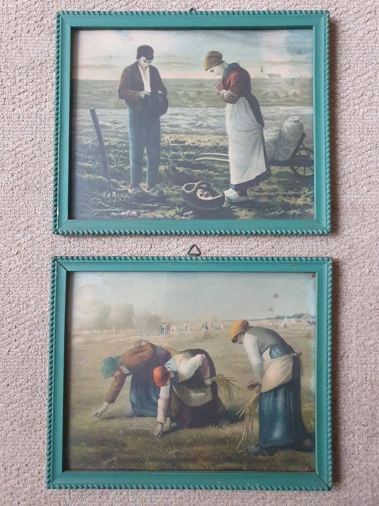 Set van 2 antieke landelijke kunstdrukken in groene lijst, Ophalen of Verzenden