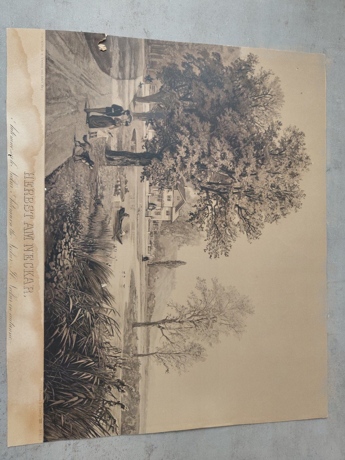 Herfst aan de Neckar - Antieke Lithografie van Adolf May, Ophalen, 1800 - 1899, Origineel, Landschap