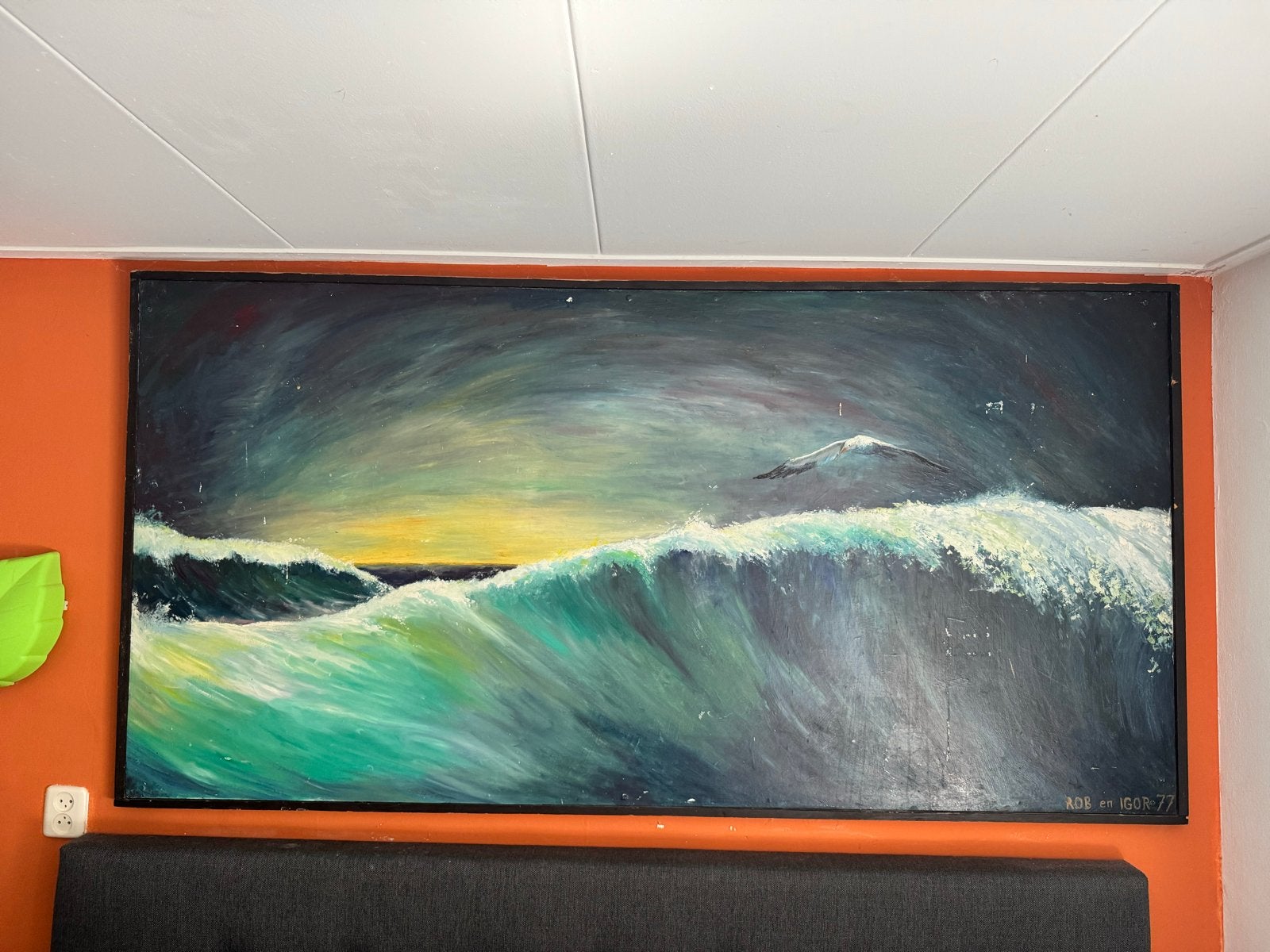Groot schilderij 'Rob en Igor 1977' met golven en zeemeeuw, Ophalen
