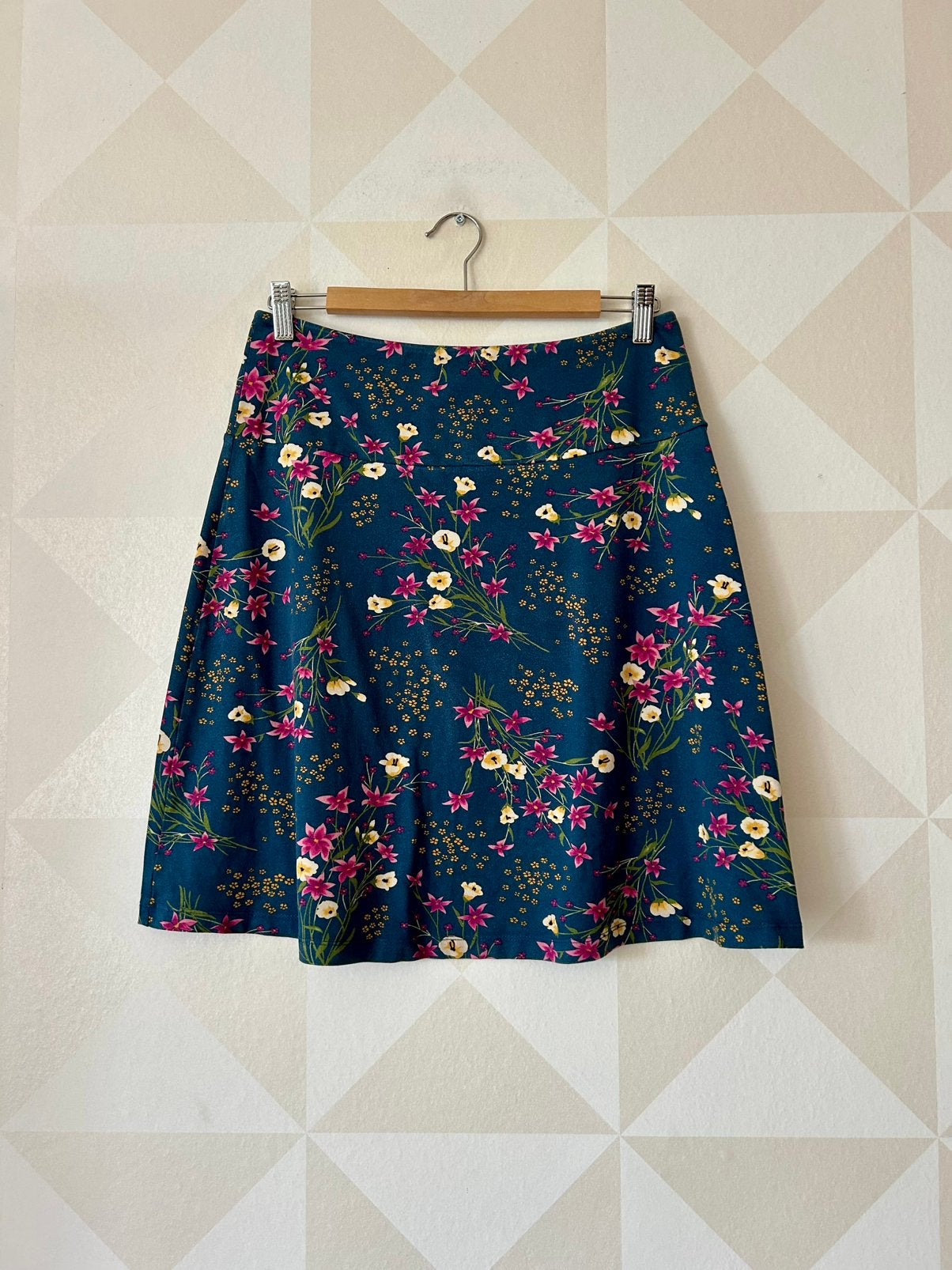King Louie Border Skirt rok blauw paars bloem M/38 zgan, Maat 38/40 (M), Blauw, Ophalen of Verzenden, Zo goed als nieuw