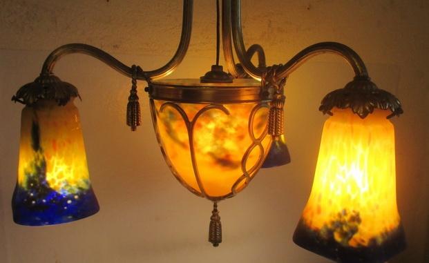 art deco bronzen luster lamp pate de verre Muller Luneville, Ophalen