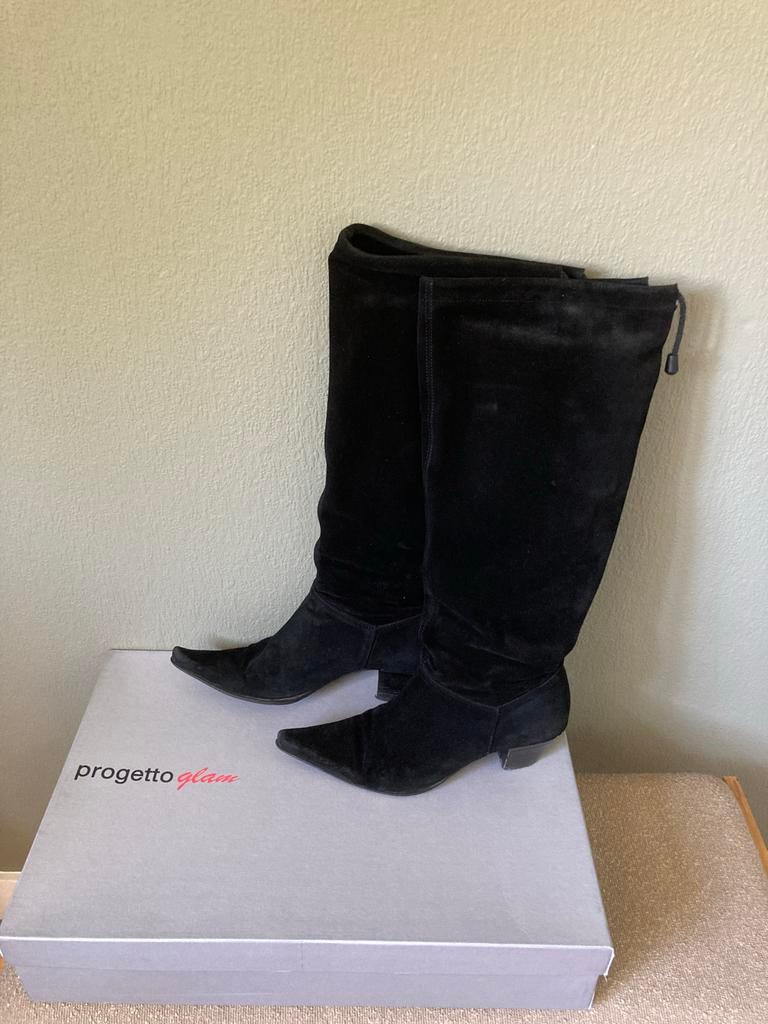 Progetto Glam Zwarte Suède Kniehoge Laarzen - Maat 40, Kleding | Dames, Schoenen, Hoge laarzen, Verzenden, Zwart, Gedragen