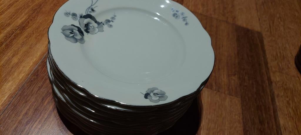 Kahla Servies, creme wit, bloemdecor, zilverrand, 1920-19, Ophalen of Verzenden