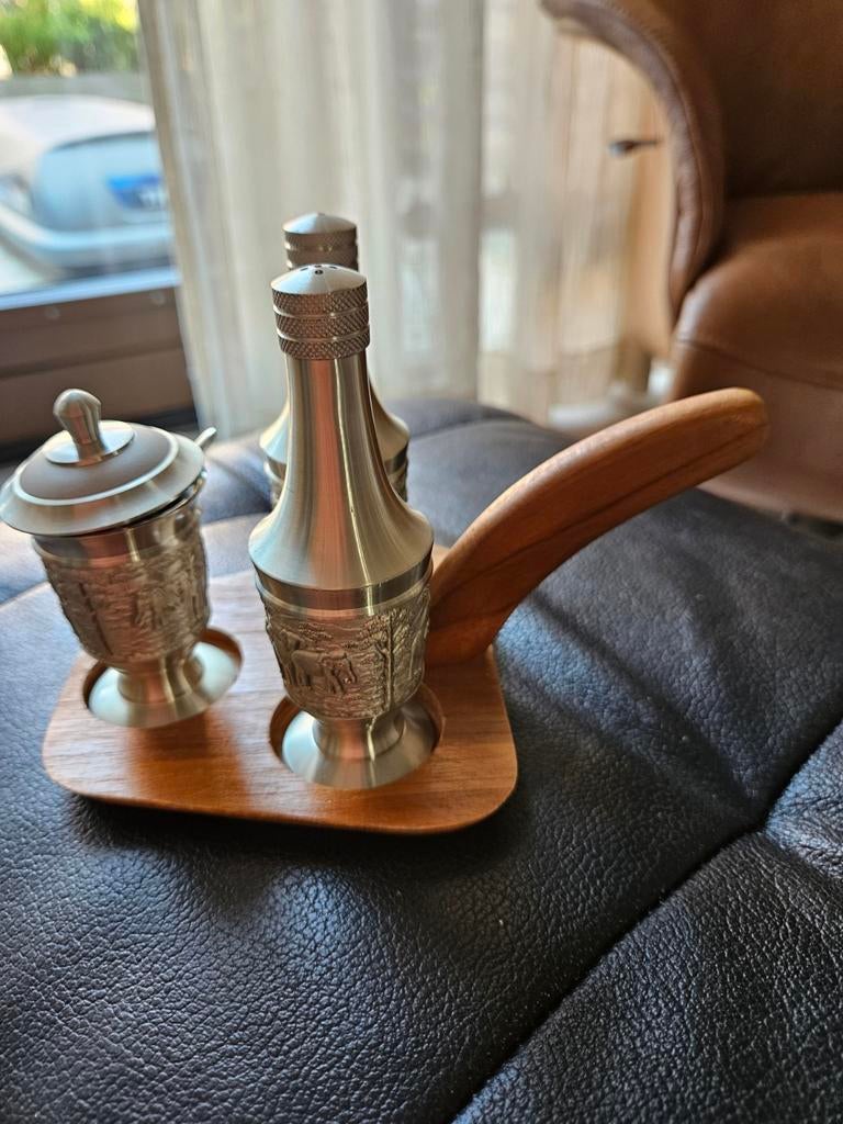 Vintage Zout- en Peperstel met Houten Dienblad, Antiek en Kunst, Ophalen of Verzenden