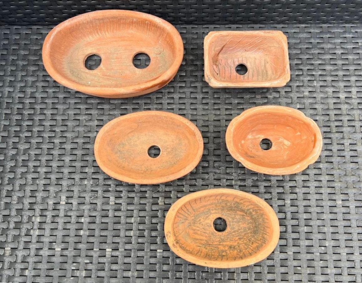 Bonsai schalen set van vijf handgemaakt ongeglazuurd., Gebruikt, Ophalen of Verzenden, Overige vormen, Aardewerk