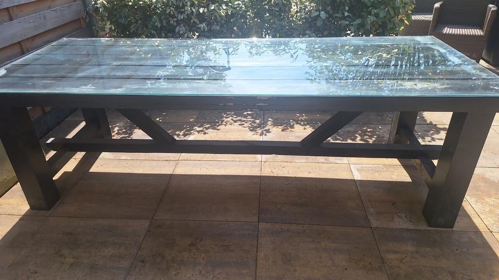 Robuuste tuintafel met glazen blad (250x100 cm), Tuin en Terras, Tuintafels, Ophalen, Gebruikt, Rechthoekig, Hout