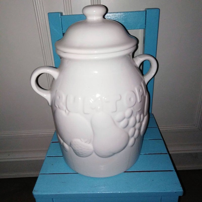 Rumtopf van wit aardewerk met fruitrelief, Ophalen, Zo goed als nieuw, Voorraadpot, Steen/keramiek