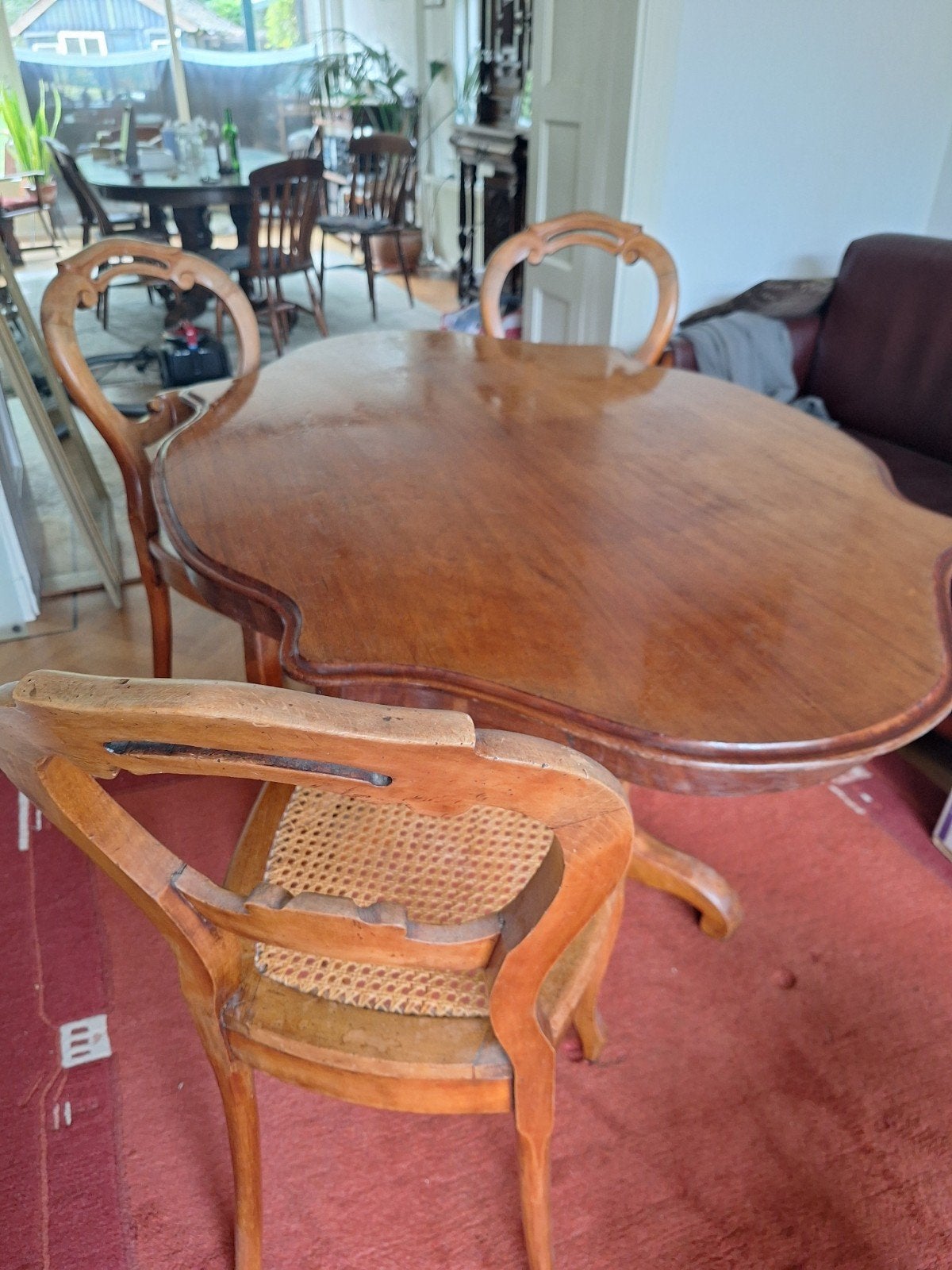 Antieke teakhouten eettafel, met demontabel blad +3 stoelen, Antiek en Kunst, Ophalen