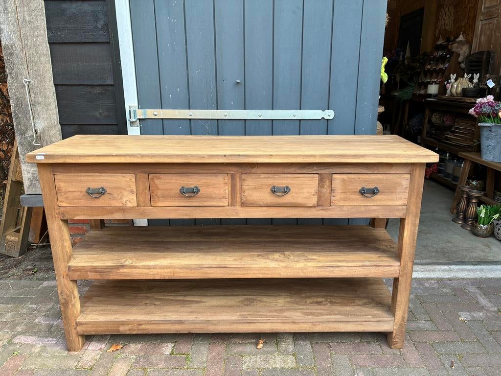 Sidetable van geleefd teak hout, Huis en Inrichting, Tafels | Sidetables, Ophalen, 100 tot 150 cm, ., Landelijk sober