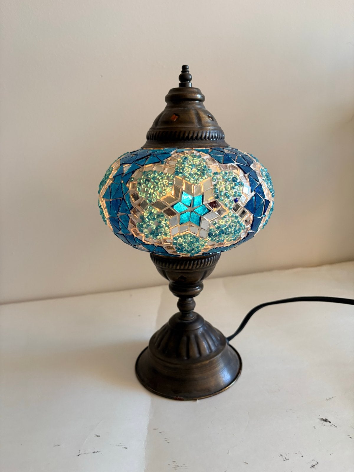 Oosterse Mozaïek Tafellamp - Blauw/Turquoise, Blauw, Vintage, Ophalen of Verzenden, Met stekker
