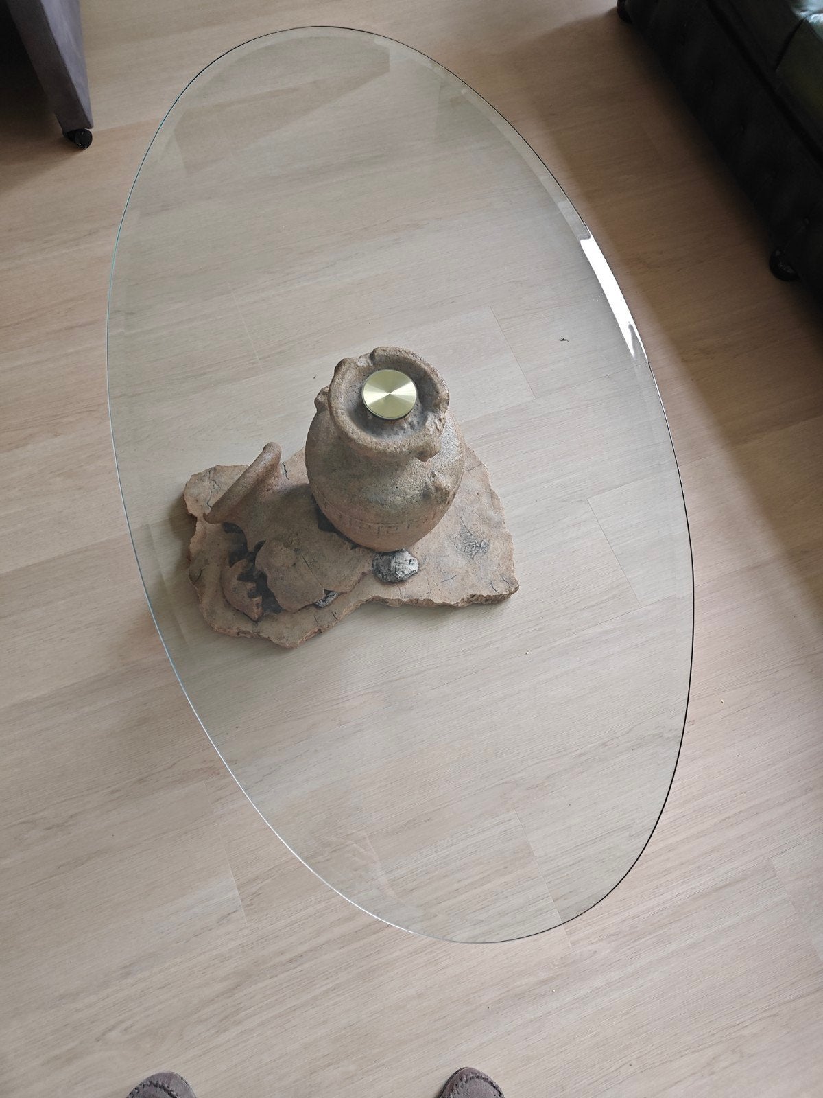 Glazen tafel met stenen onderstel, Ophalen, Gebruikt, Ovaal, Glas