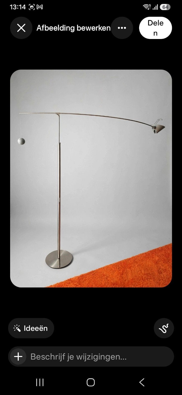 Artemide Nestore Terra XXL vloerlamp Carlo Forcolini RVS, Ophalen, Zo goed als nieuw, Metaal, 150 tot 200 cm