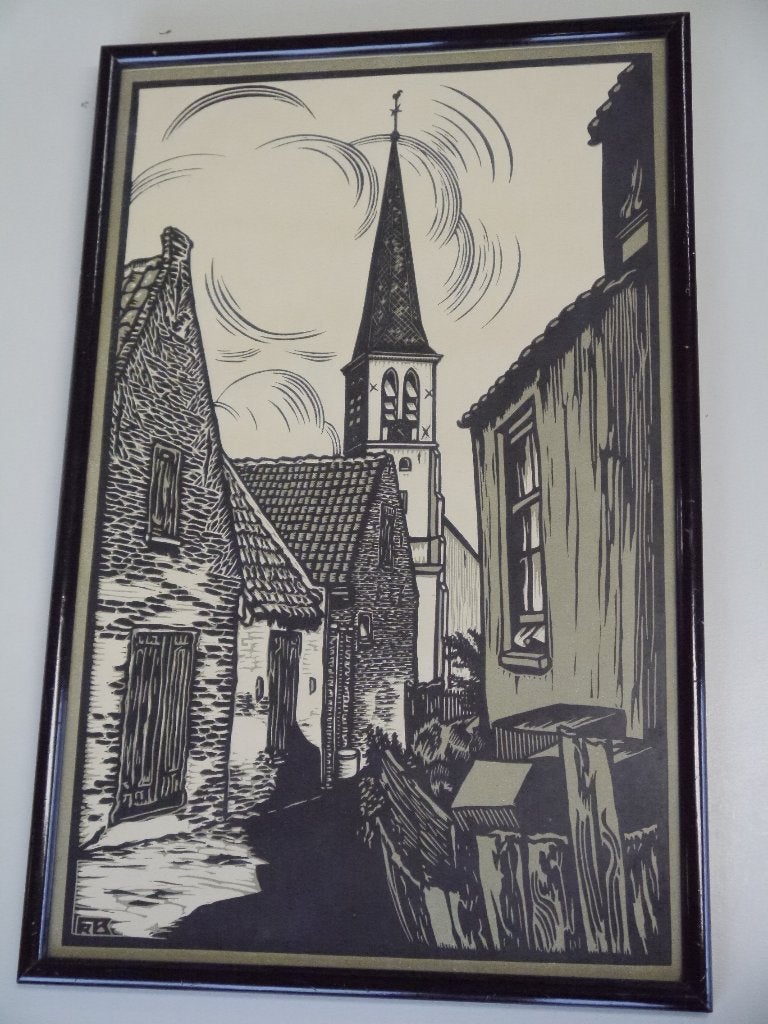 linoleumsnede / straatje in Zandvoort / Frans Bosen, Achter glas, Overige technieken, Impressionistisch, Ophalen of Verzenden