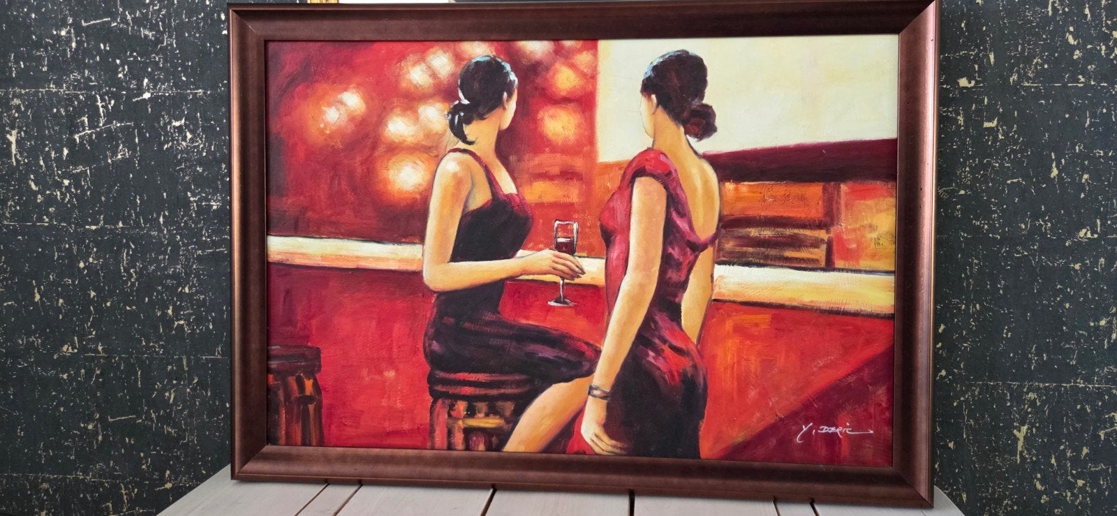 Modern schilderij: Twee vrouwen aan de bar met wijn, Ophalen, Figuren, Hout, Olieverf