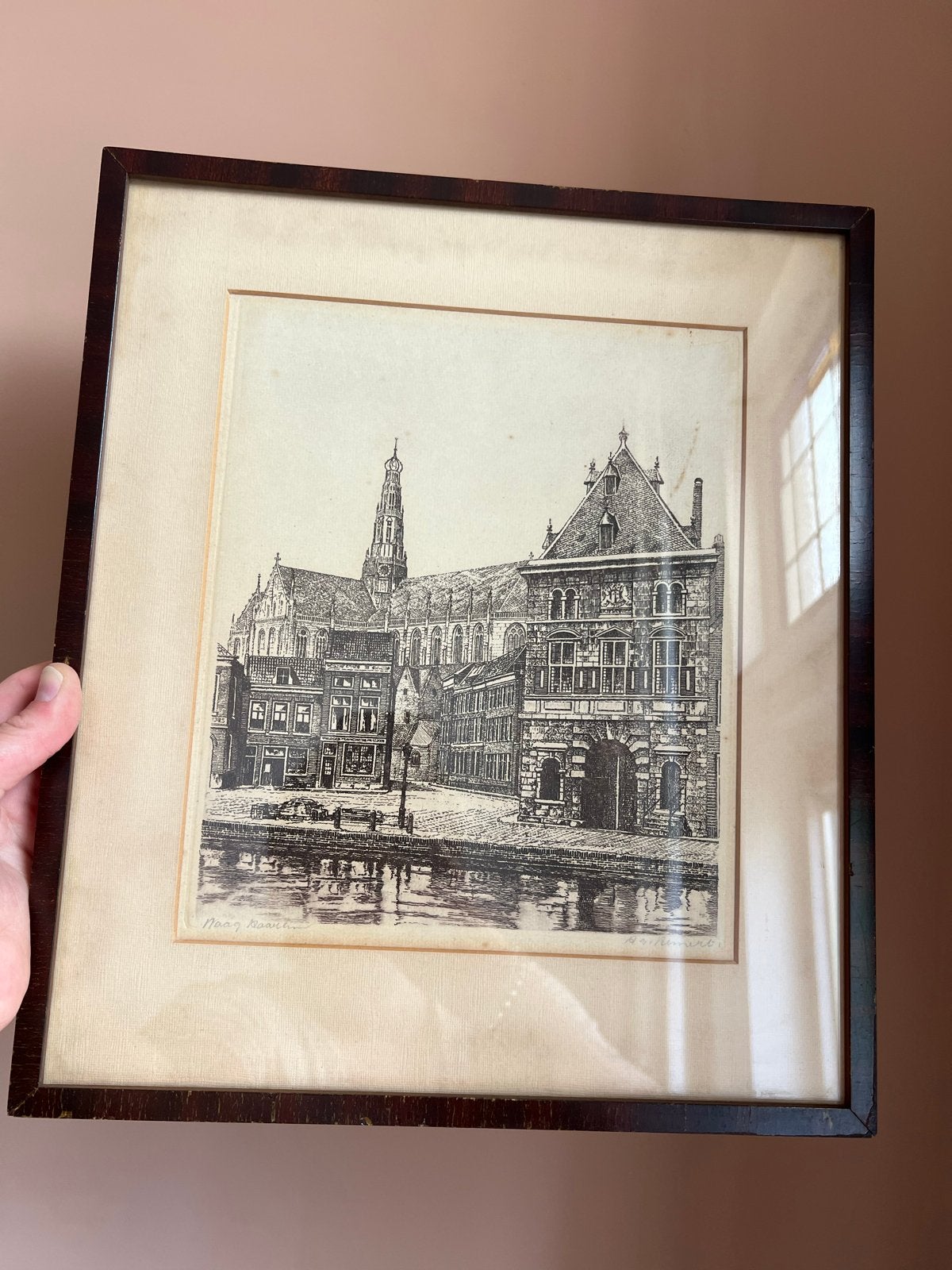 Ets van Haarlem - Stadsgezicht met Grote Kerk en Spaarne, Ophalen, Ets, Stadsgezicht, Gesigneerd