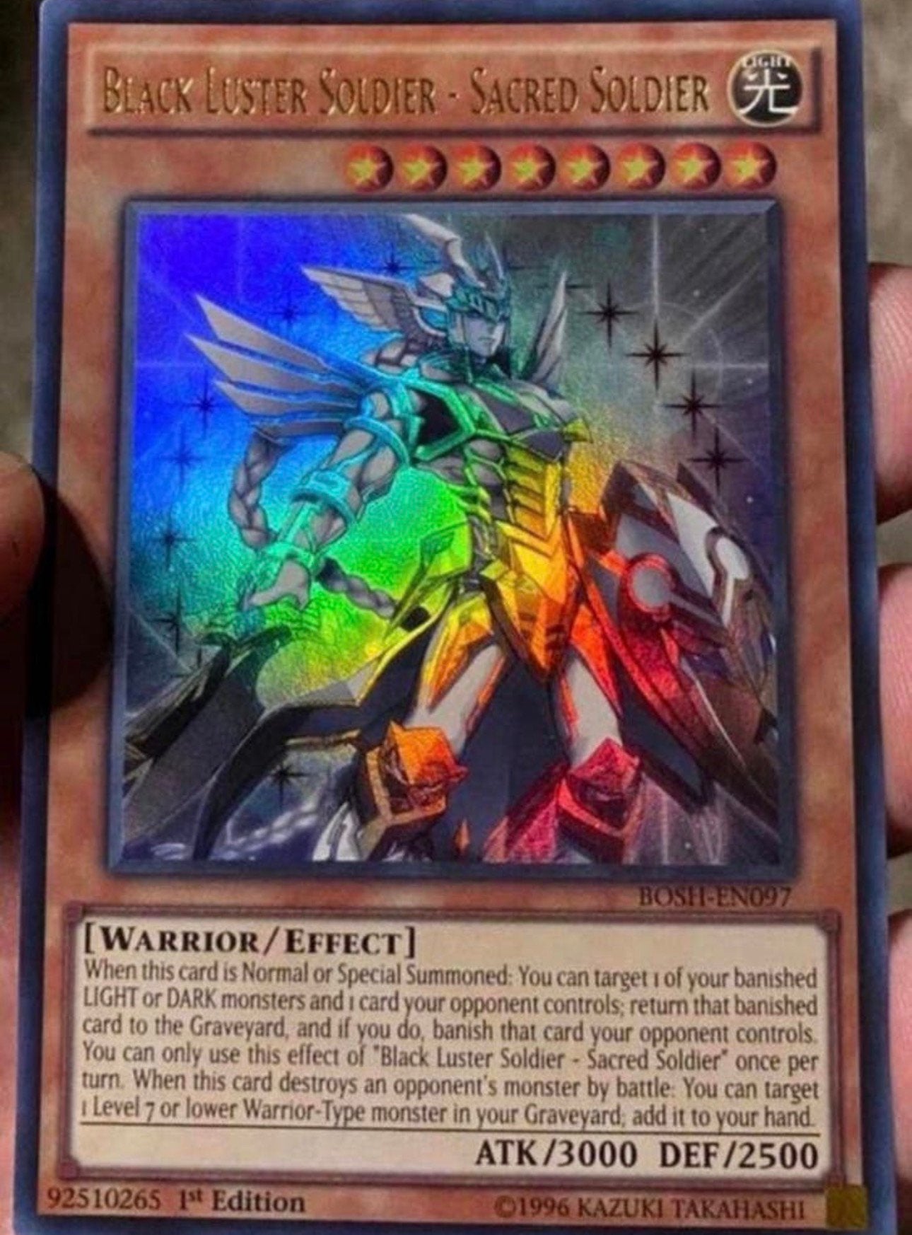Yu-Gi-Oh! Black Luster Soldier - Sacred Soldier BOSH 1st Ed, Ophalen of Verzenden, Zo goed als nieuw, Losse kaart, Foil