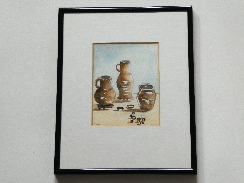 Aquarel / stilleven met Middeleeuwse kannetjes Jacobakan, Stilleven, Ophalen of Verzenden, Papier, Origineel werk