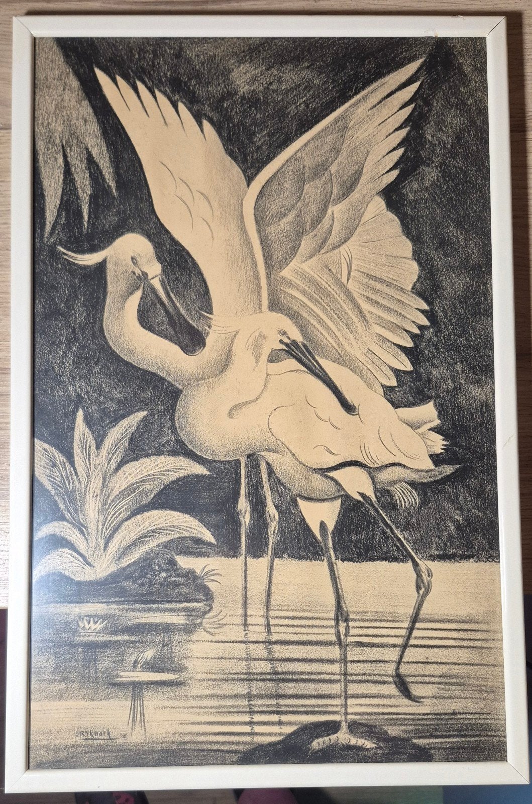 Vintage tekening van lepelaars in water, gesigneerd, Ophalen, Tekening, Potloodtekening, Gesigneerd