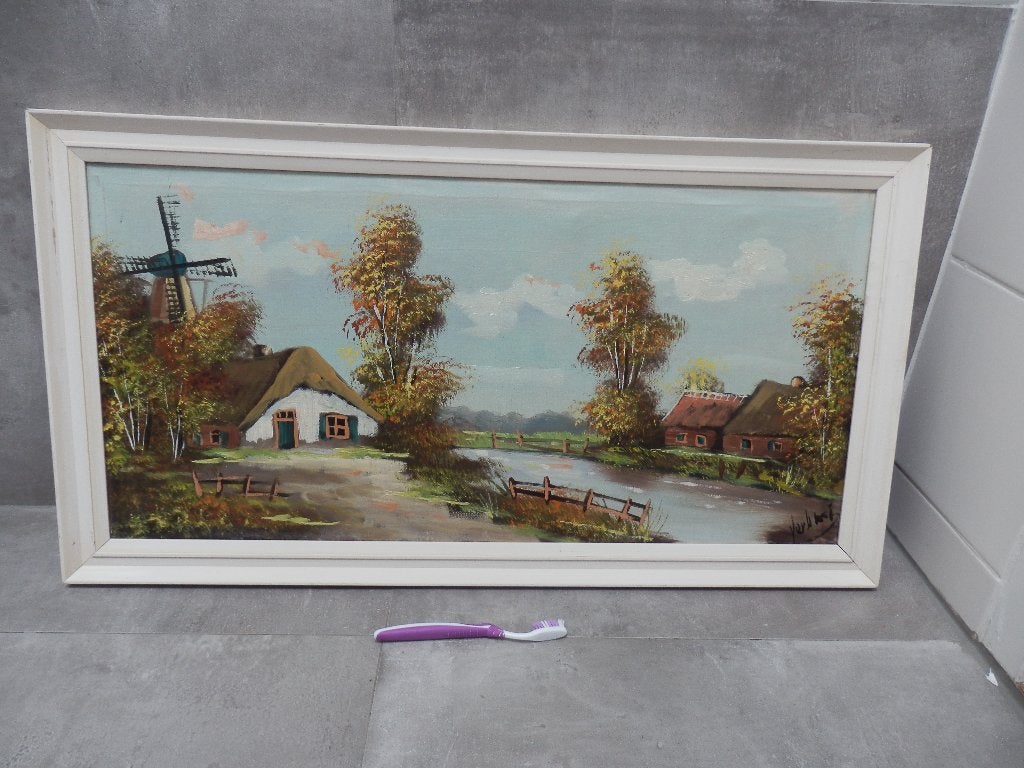 Schilderij Hollands Landschap met Molen en Huisjes, Antiek en Kunst, Doek, Ophalen of Verzenden, Landschap, Olieverf