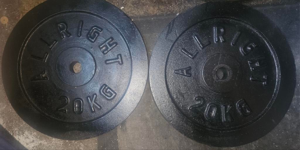 2x 20kg zwarte gietijzeren 30mm ALLRIGHT halterschijven, Sport en Fitness, Ophalen, Gebruikt, Benen, Halterschijven