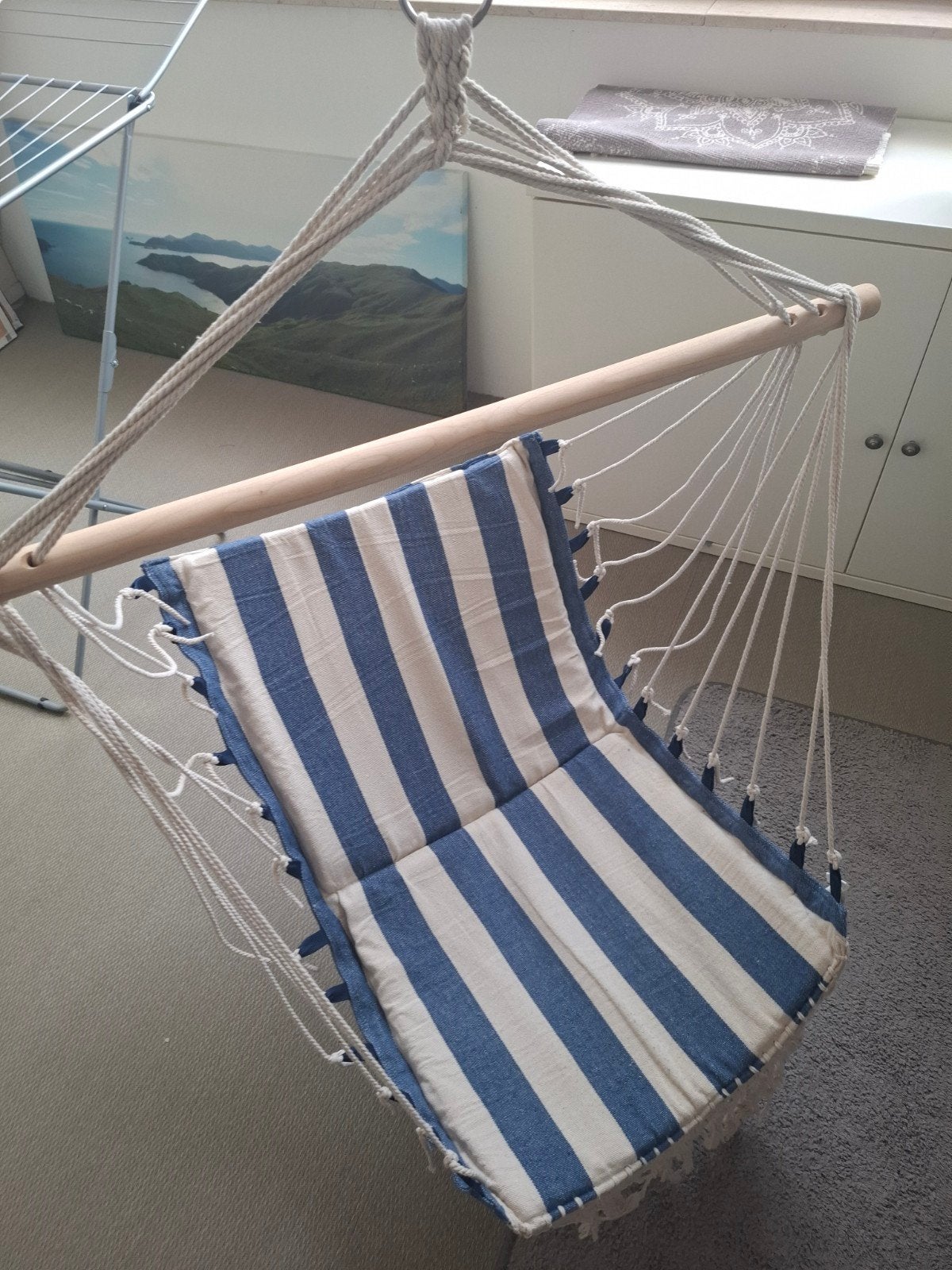 Comfortabele hangstoel met kussen - blauw/wit gestreept, Ophalen, Gebruikt, Met standaard, Eenpersoons